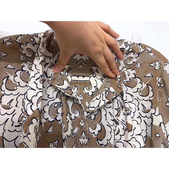 Tory Burch Wheat Nocturne Print Silk Blouse Top Floral Taupe White Bow Tie 4 - Picture 13 of 16